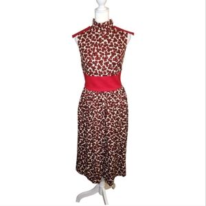 Sleeveless Red Patterned Midi Dress with High Neck